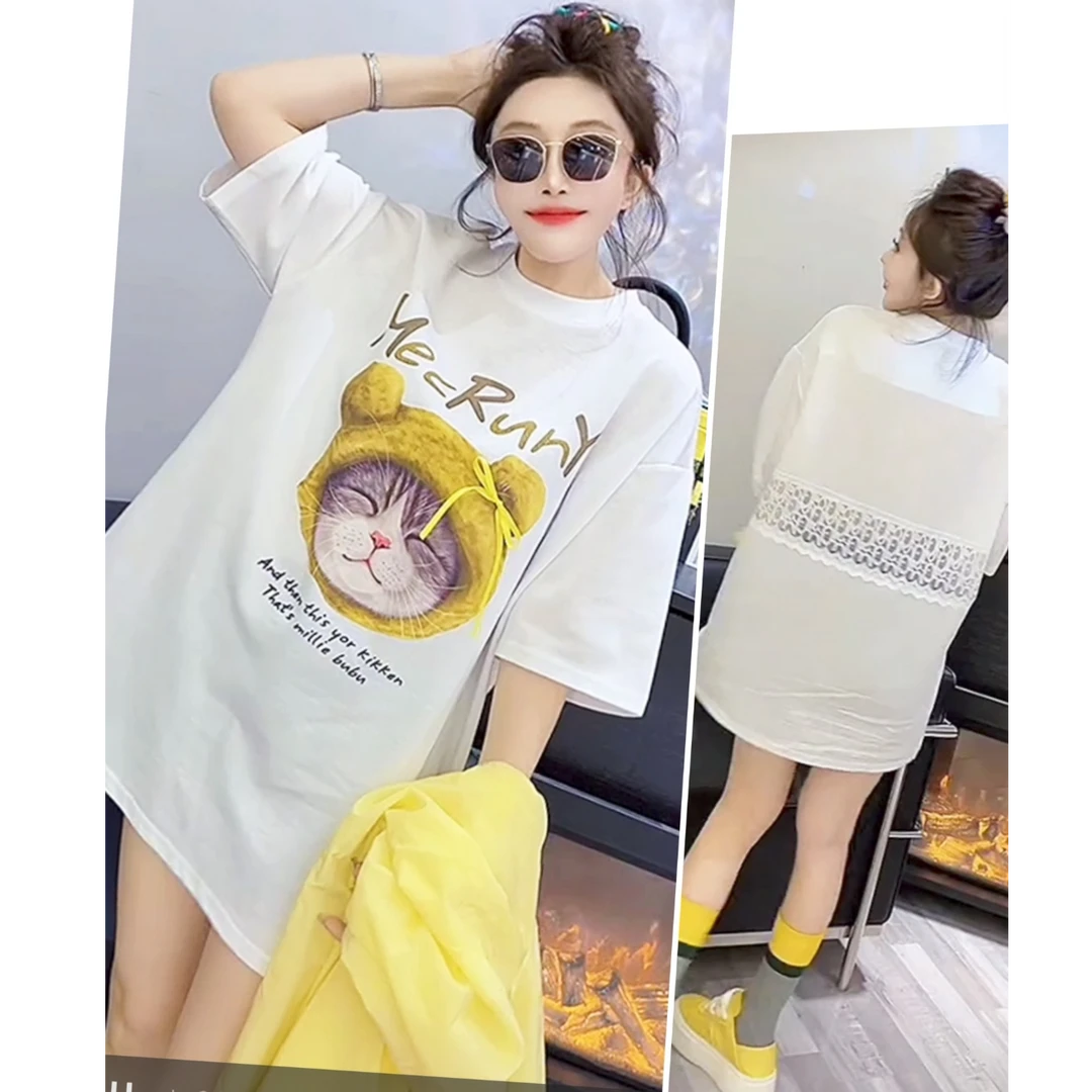 欧货拼接重工中长T恤短袖棉印花外穿上衣小众遮肉爆款慵懒风通勤