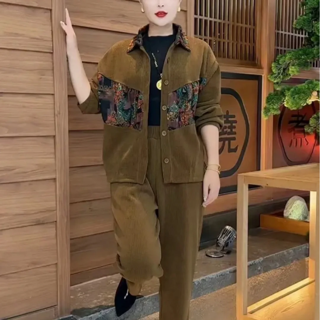 气质中年妈妈polo领碎花套装春秋新款两件套时尚中年女士口袋套装