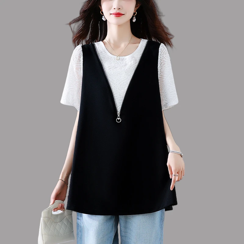 假两件蝴蝶结t恤女士2025夏季新款宽松时尚后背设计感泡泡袖上衣