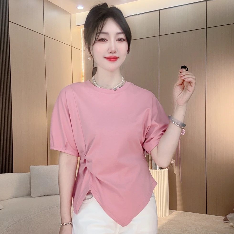 【6688-1】2025新款夏季女士休闲收腰下摆个性T恤短袖简约百搭洋气