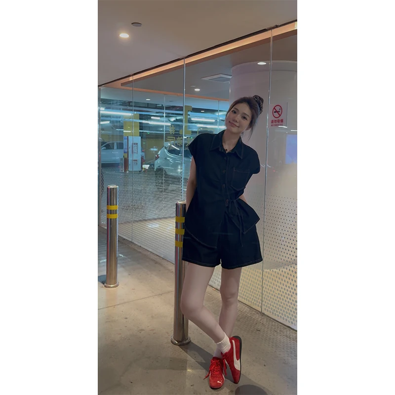 48h【牛仔套装】加长复古牛仔休闲设计感衬衫短裤两件套 SU321