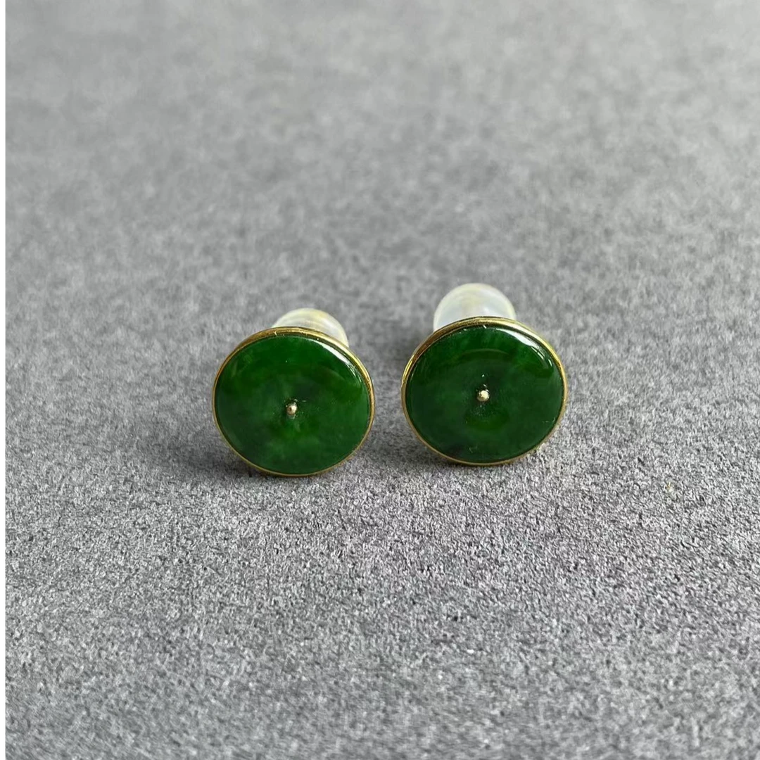 天然缅甸A货翡翠18K厚金包边圆牌耳钉精美时尚百搭气质满绿满色