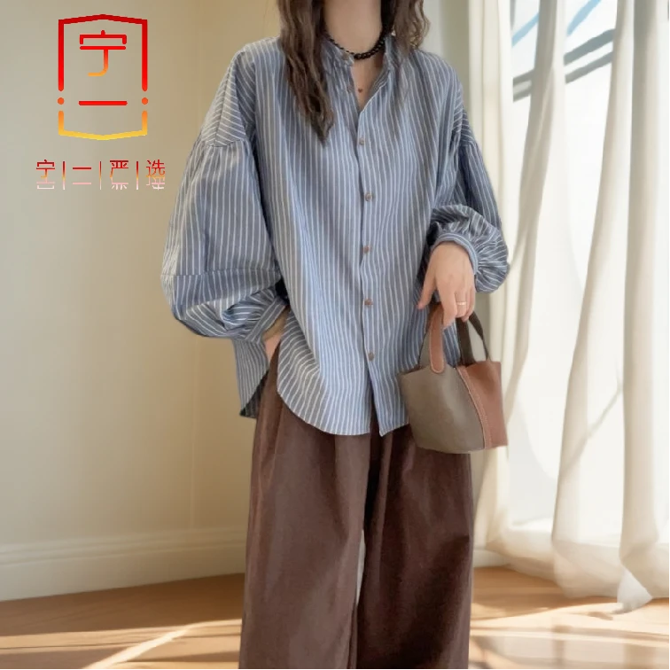 【宁一女装】秋款条纹灯笼袖宽松衬衫休闲小外套显瘦气质小立领上衣