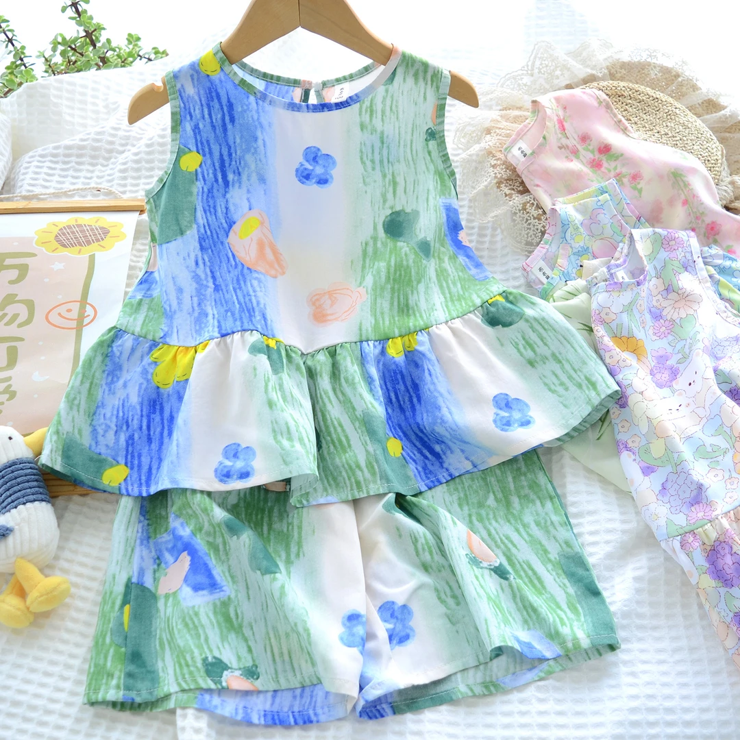 洋气童装夏款儿童女童人造棉背心+短裤套装 宝宝中小童绵绸两件套