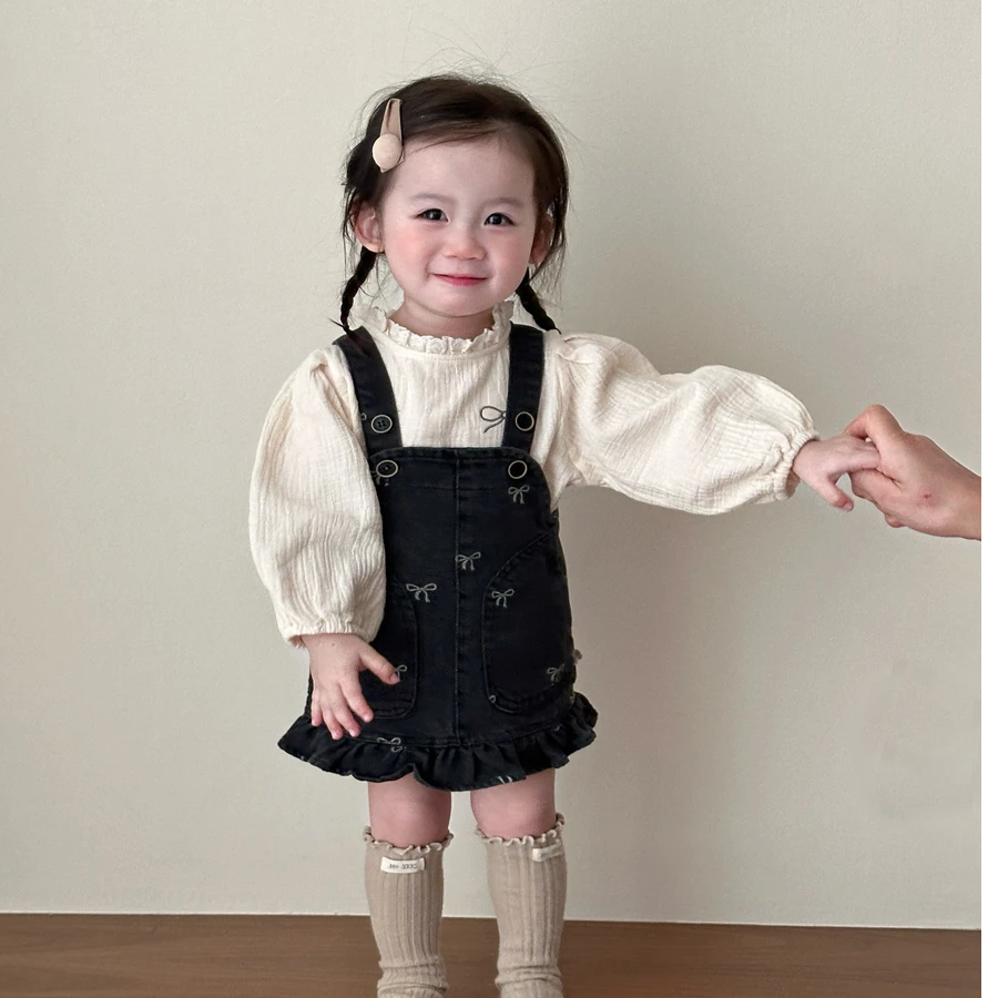 女童背带裙套装2025新款春季女宝秋装长袖娃娃衫洋气牛仔裙两件套