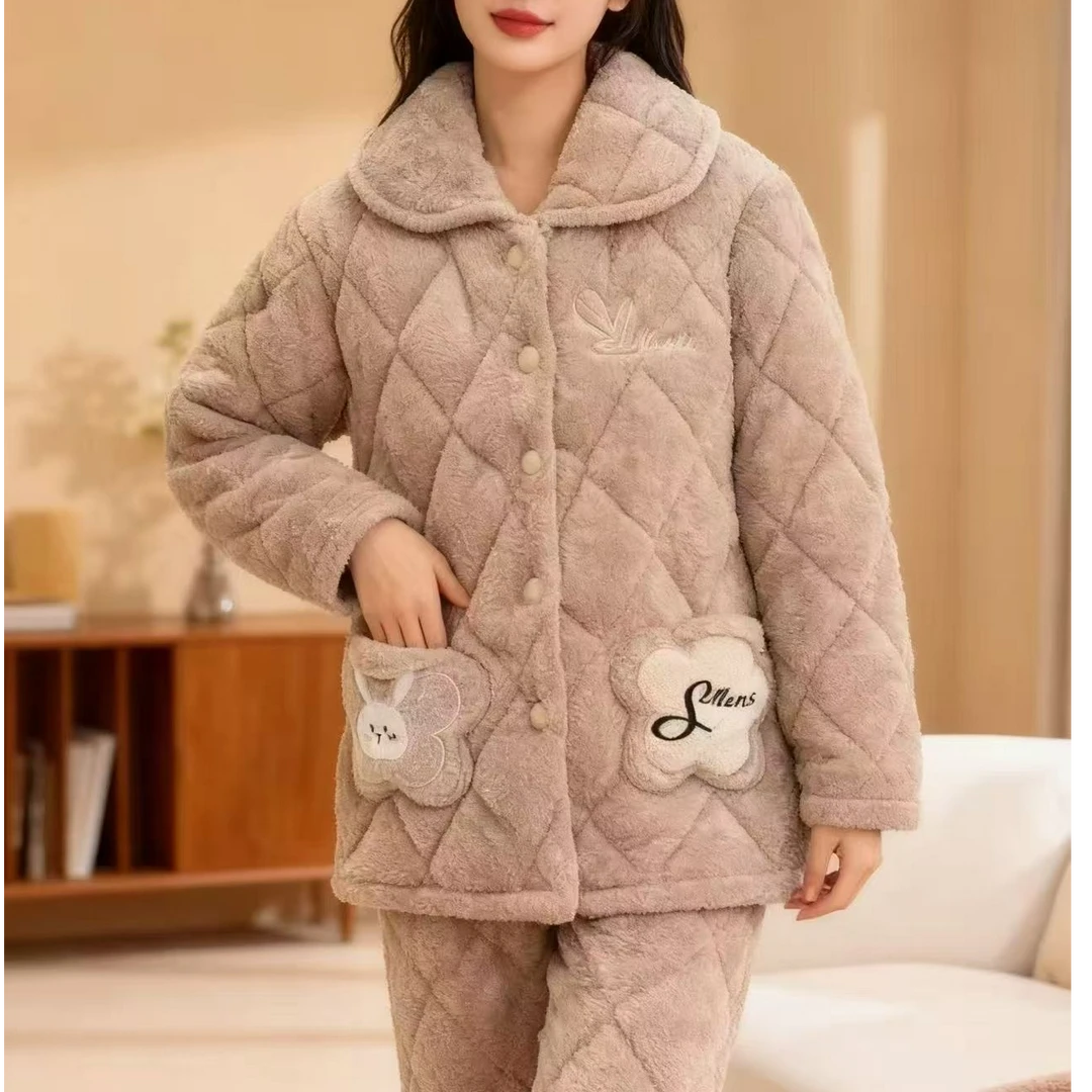 三层加厚夹棉袄睡衣外穿女冬季天珊瑚绒加绒超厚秋冬款家居服套装