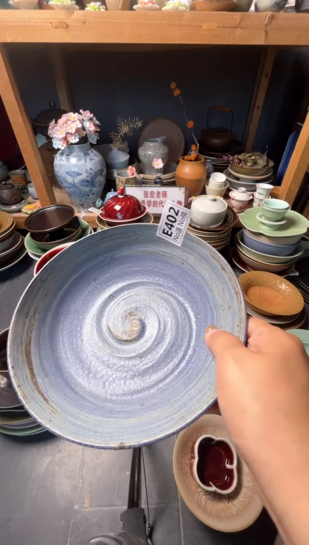 瓷片九*狐E402  手工手刷蓝色盘