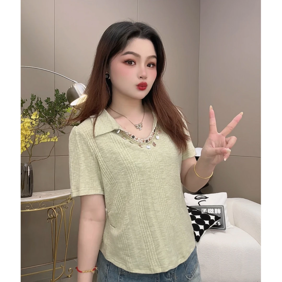 2025新款大码女装设计感钉珠短袖T恤女胖MM显瘦百搭别致上衣