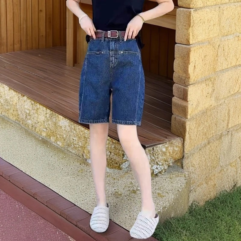 高腰蓝色牛仔短裤女夏季2025新款爆款中裤大码胖mm显瘦直筒五分裤