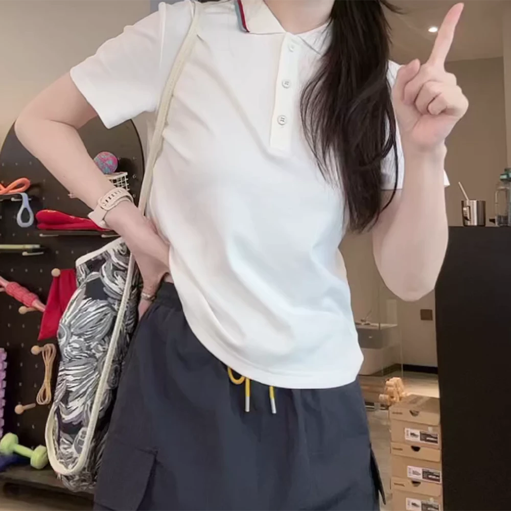 美式复古翻领polo短袖t恤女夏季设计感老钱风户外运动修身上衣