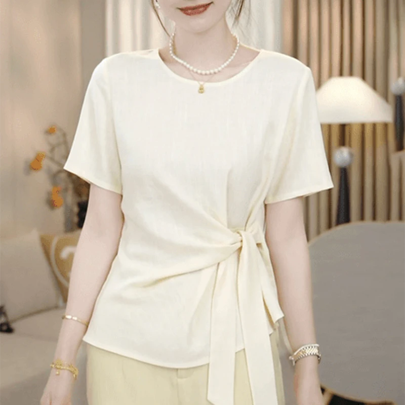 不规则圆领短袖t恤女2025新款夏季时尚洋气收腰绑带正肩显瘦上衣