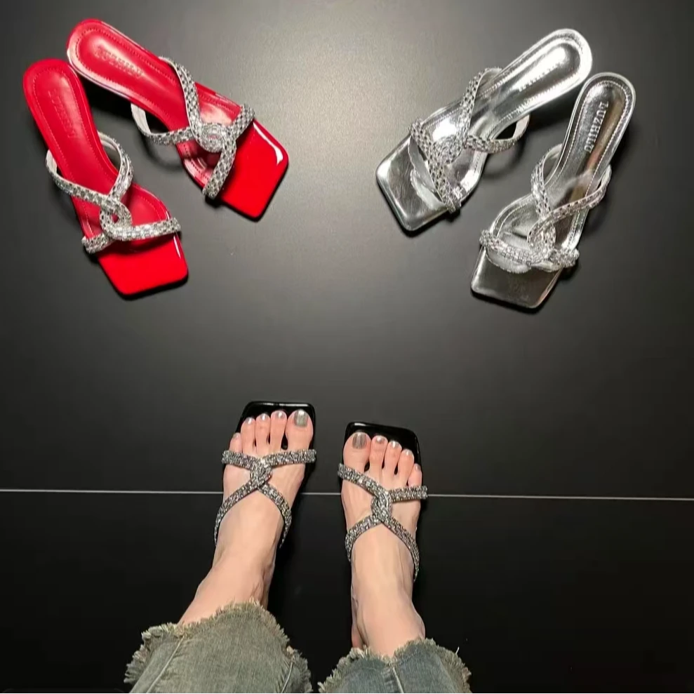 2025新款夏季新款方头轻奢水钻时尚百搭满钻性感凉拖鞋女