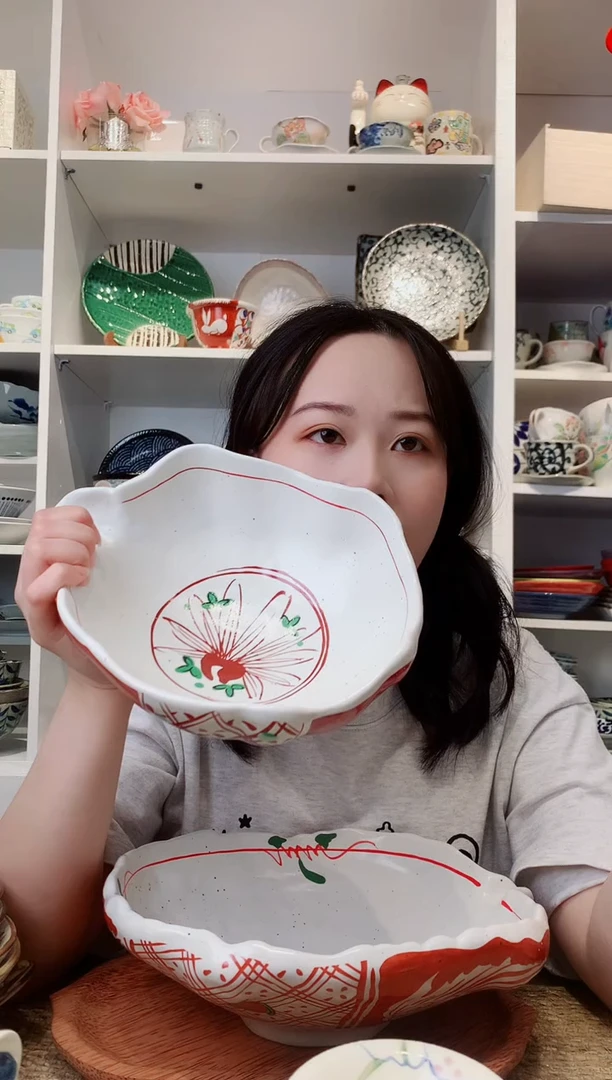 陶瓷濑户烧手绘赤绘尖嘴碗23cm
