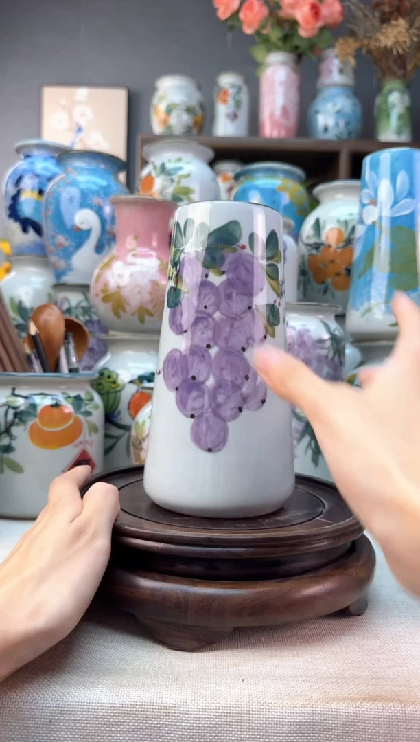 瓶景德镇手绘花器底部无孔内部无釉陶泥材质高温瓷釉下彩