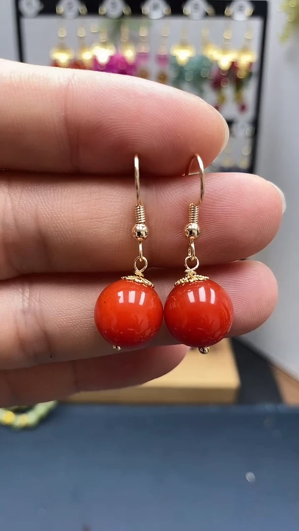 南红玛瑙银S925镀金镶嵌耳饰尺寸12mmC2