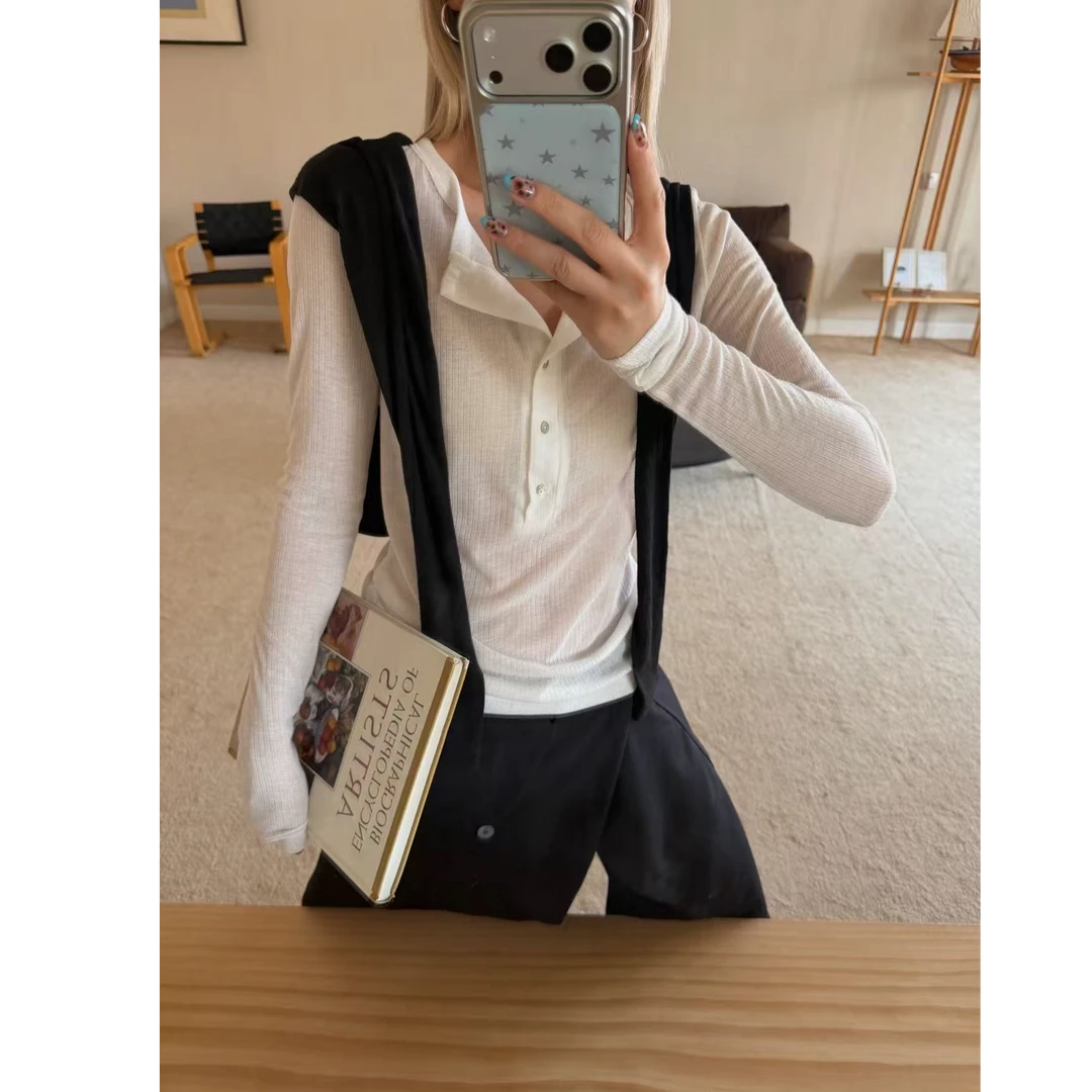 HELLOTANGO《色彩磁带》韩系复古亨利领扣子显瘦修身打底衫65955#