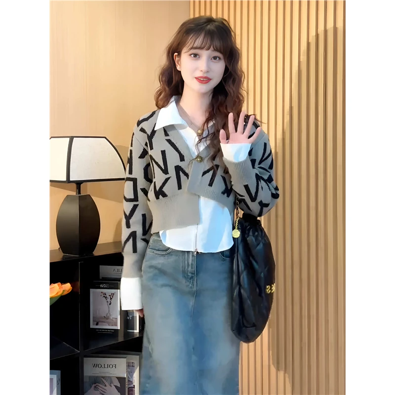 港风字母V领假两件毛衣女春秋冬宽松内搭短款高级感针织开衫上衣