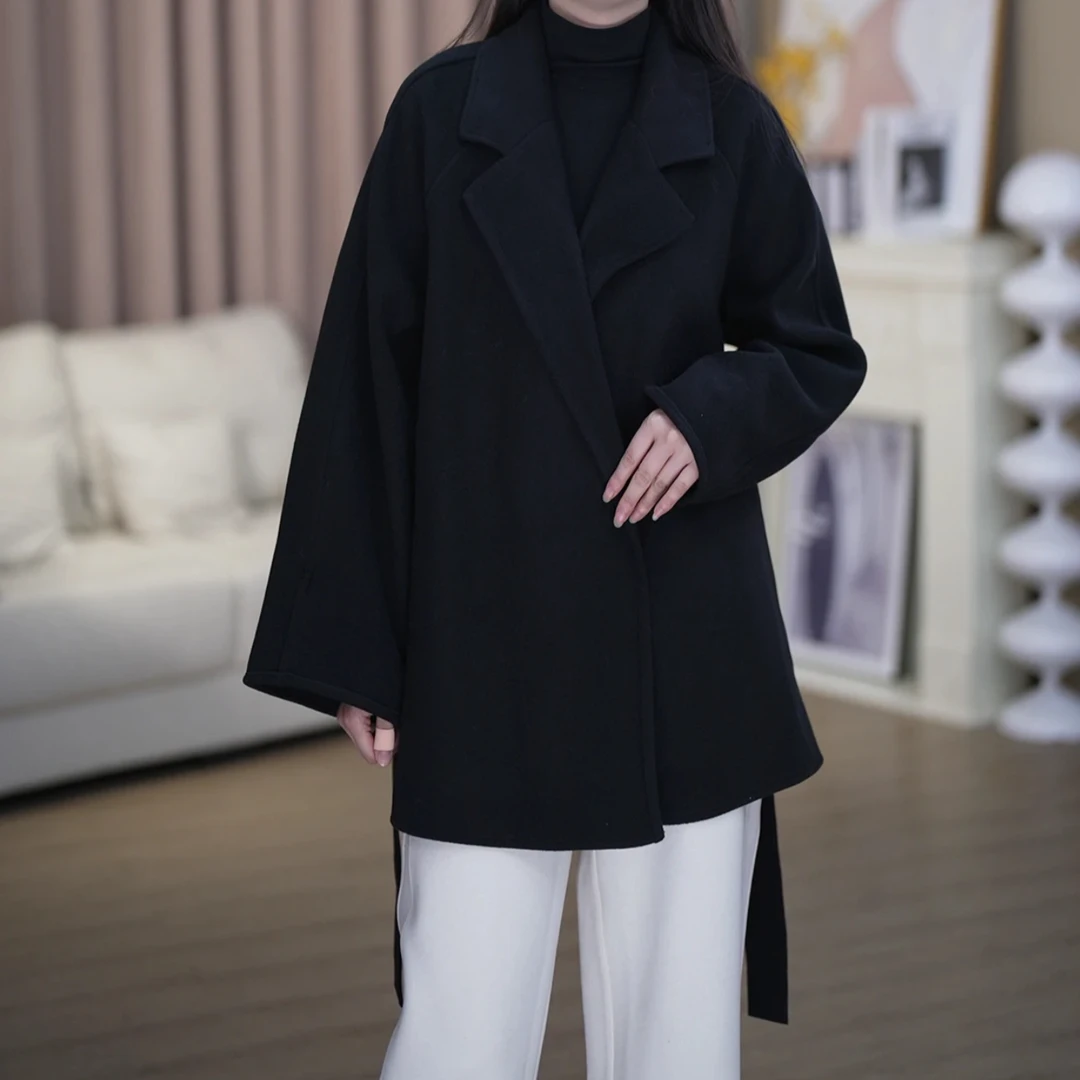 2025新款双面绒大衣女短款小个子韩版宽松经典显瘦毛呢外套潮系带