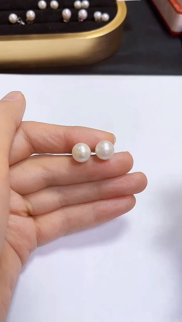 银S925镶嵌耳饰淡水珍珠耳钉9-10