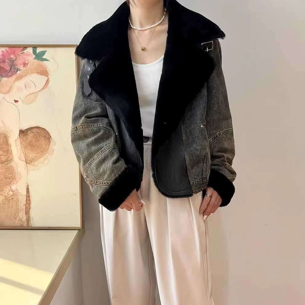 女装洋气时髦气质皮草拼接牛仔棉服女士冬季保暖时尚加绒加厚外套