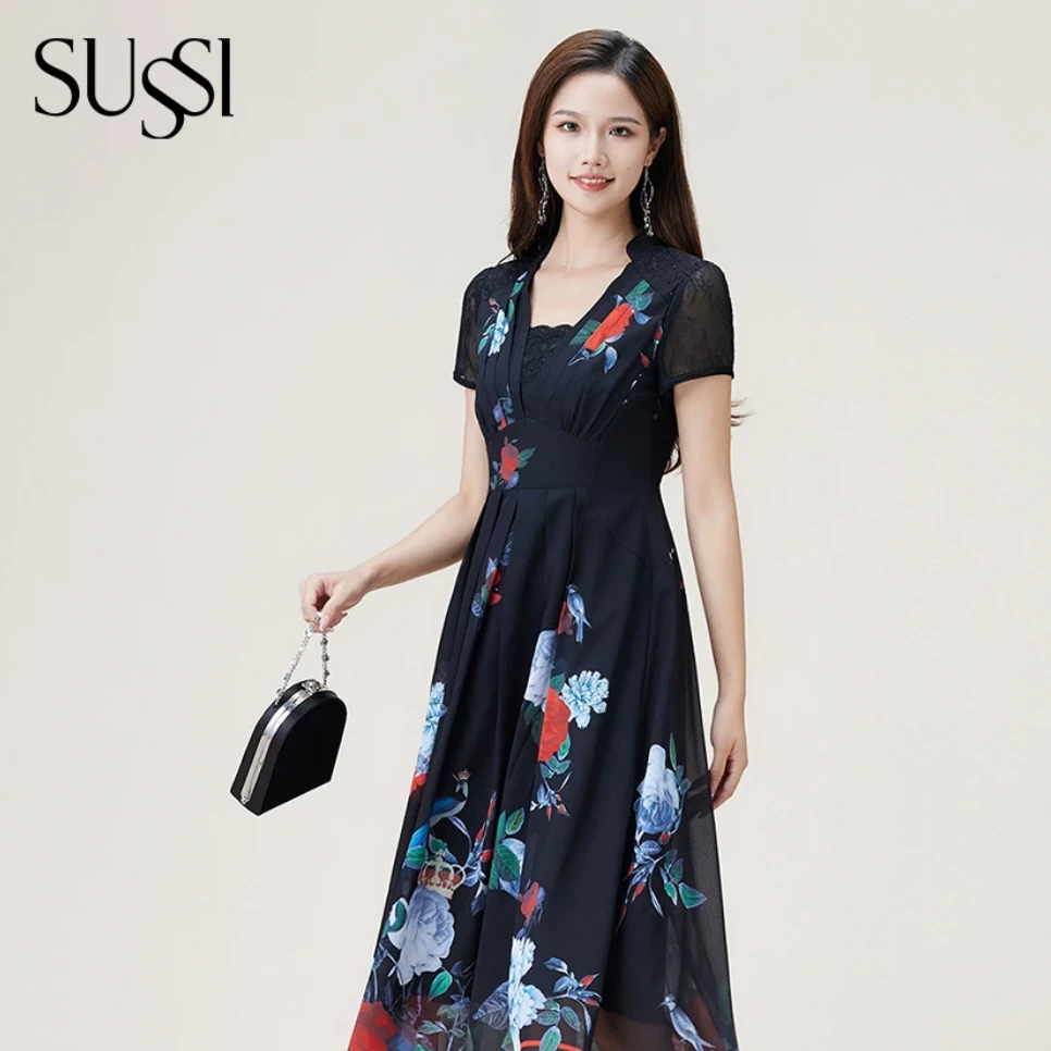 SUSSI/古色24夏黑色印花优雅收腰显瘦连衣裙女装