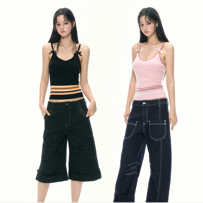 APEA条纹撞色针织无袖背心女2025夏季新款外穿修身蝴蝶结吊带上衣