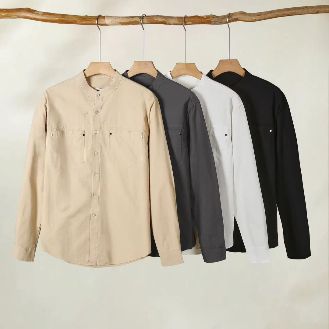 秋季男士水洗纯棉亲肤宽松透气中式立领口袋轻工装休闲长袖衬衫潮