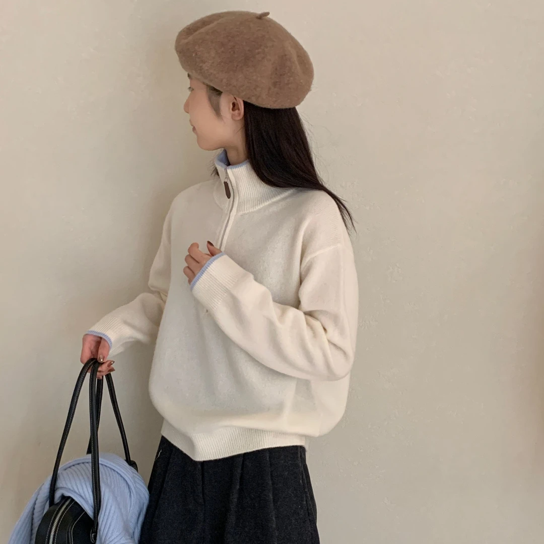 【潘潘.678829】冬季新款时尚百搭半拉链立领纯色针织衫