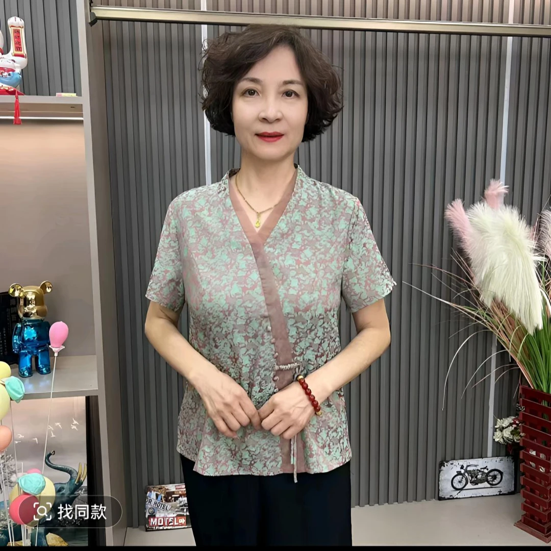 《专柜品质》夏季新款洋气时尚气质百搭碎花显瘦中式短袖妈妈衫上衣