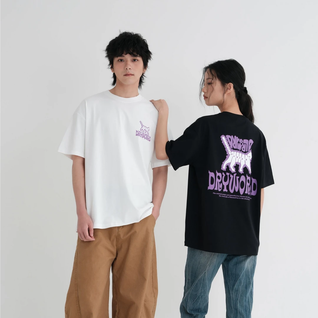 DRYWORLD2025夏季百搭立体发泡恶魔猫印花短袖情侣领口不变形T恤
