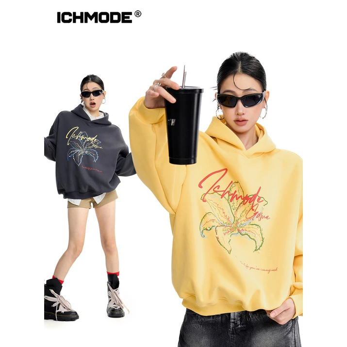 ICHMODE美式连帽卫衣女复古花卉上衣长袖时尚休闲宽松透气印花