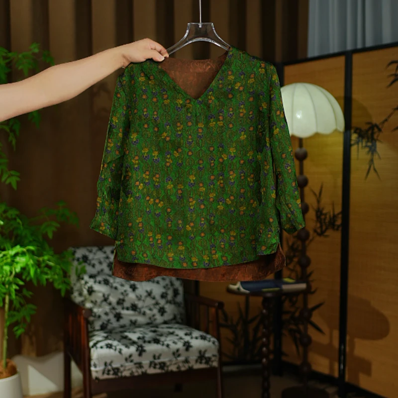 7558香云纱小衫气质时尚复古提花双面穿7分袖夏季重磅桑蚕丝