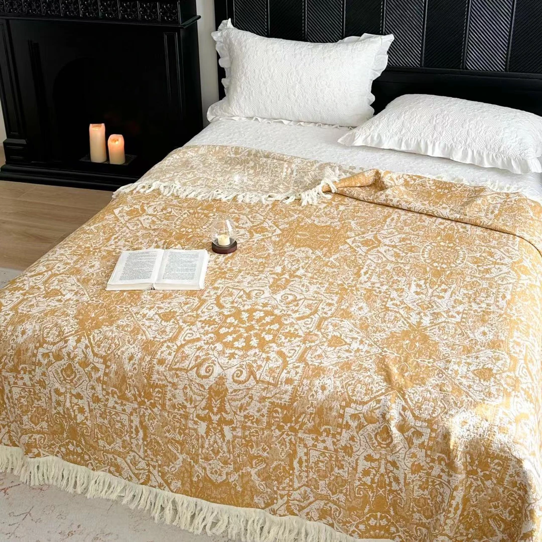 苏木染 天花板天然植物染色纯棉纱布盖毯沙发巾流苏毯  凯撒