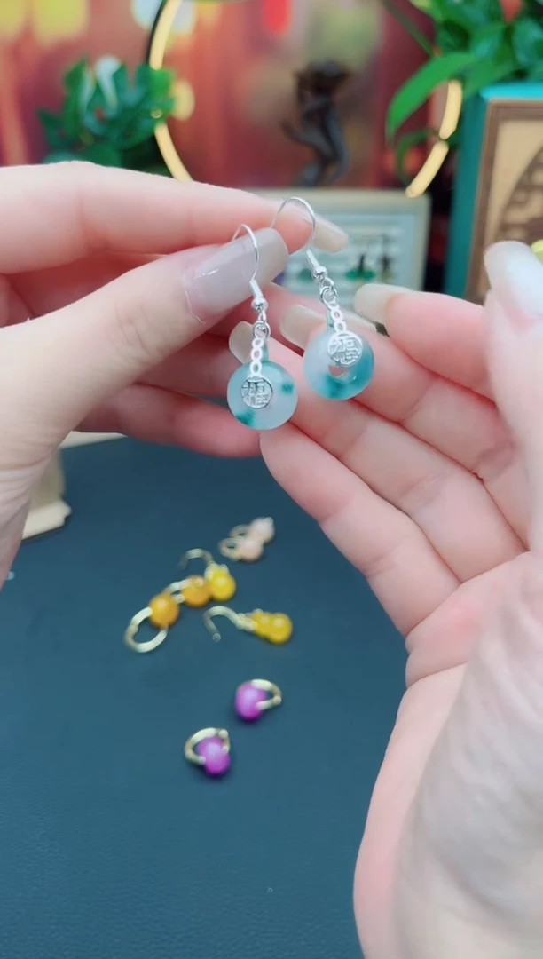 石英质玉（非洲翠）银S925镶嵌耳饰721