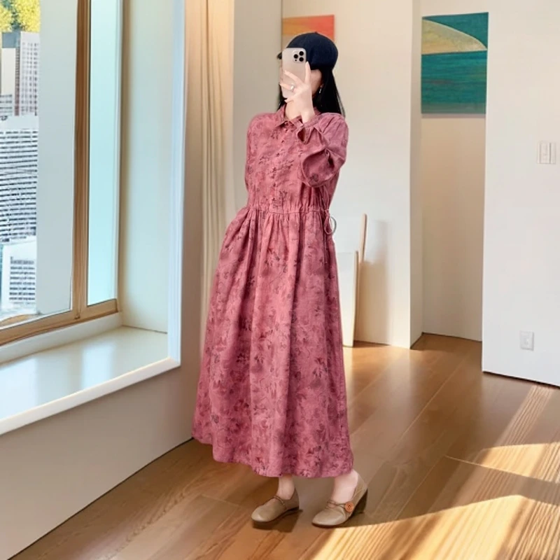 5597翻领POLO领长袖印花纯苎麻100%连衣裙宽松碎花春秋季收腰裙子