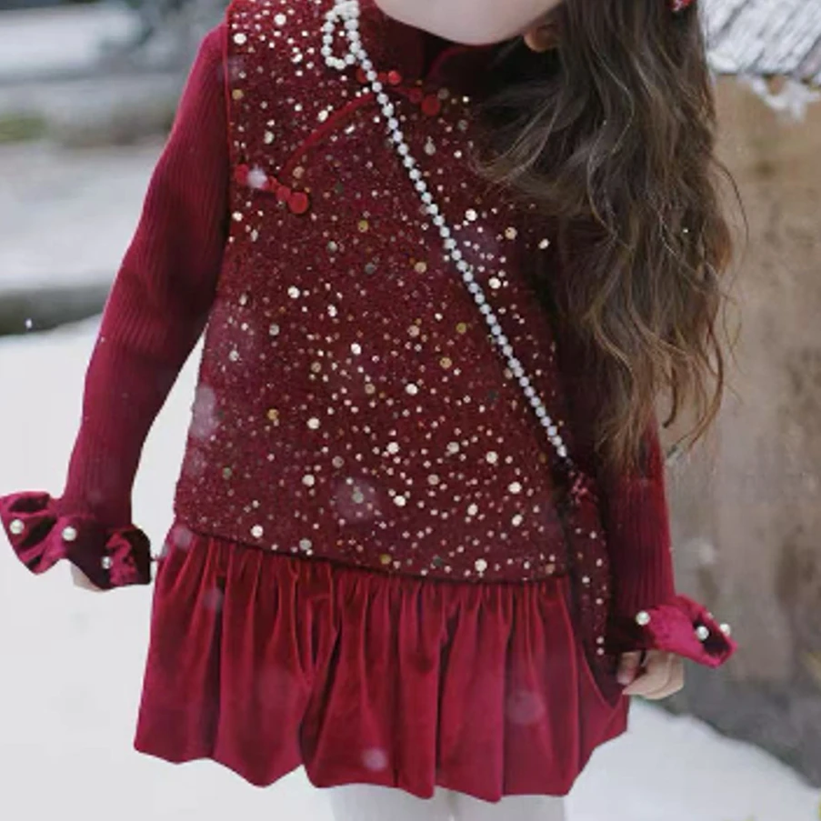 女童新款秋冬季中大童亮晶晶背心裙半高领针织衫中国红两件套