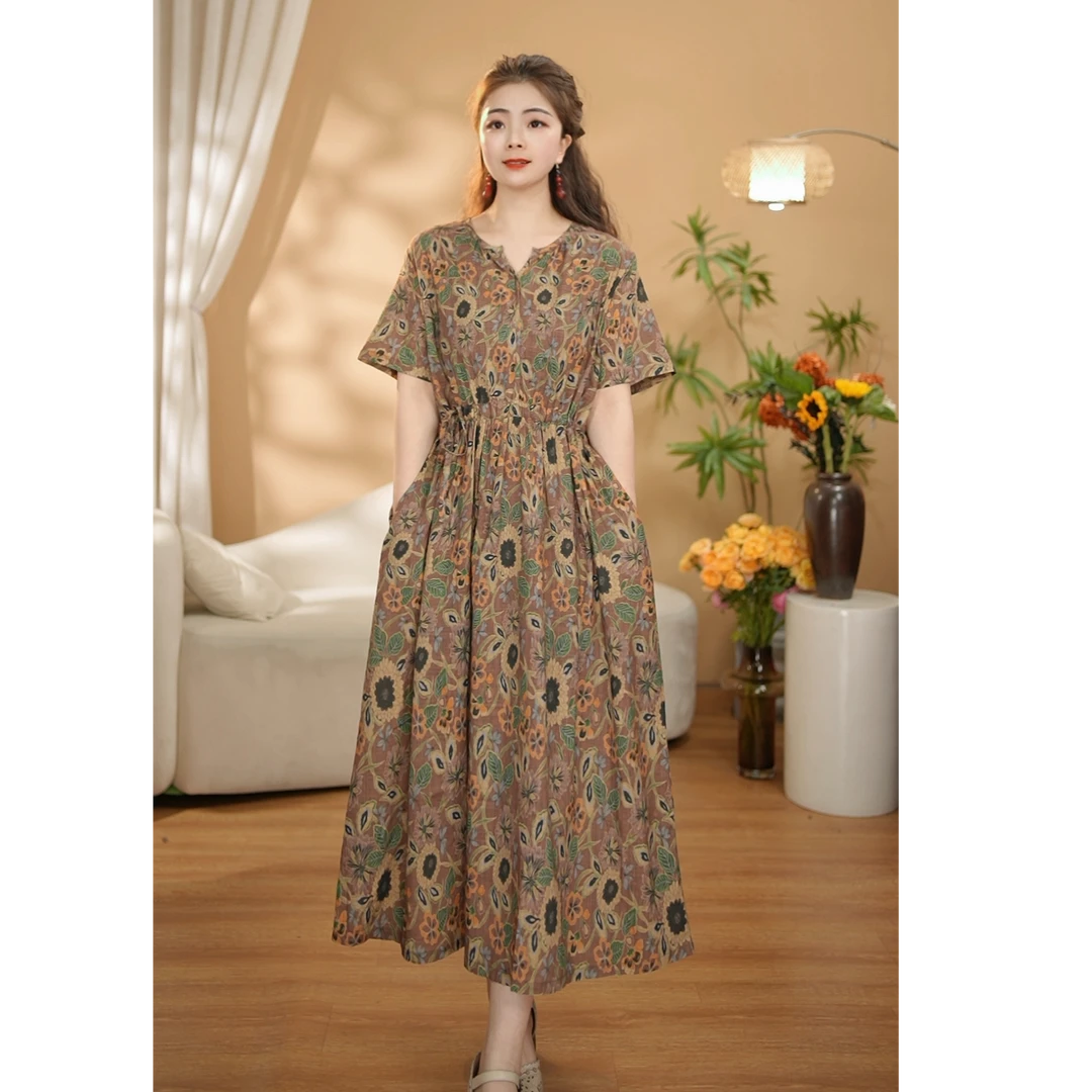 【素雅】夏季新品连衣裙宽松显瘦大板拼接休闲棉麻印花洋气长裙3025