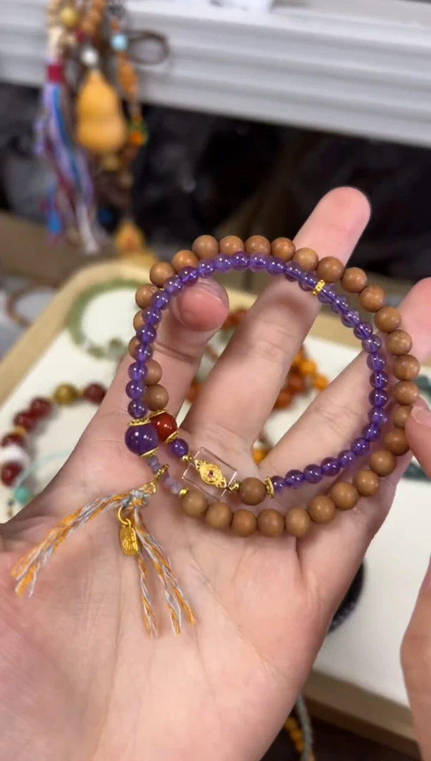 未镶嵌檀香木手串黑肉檀香木紫晶双圈[1660]