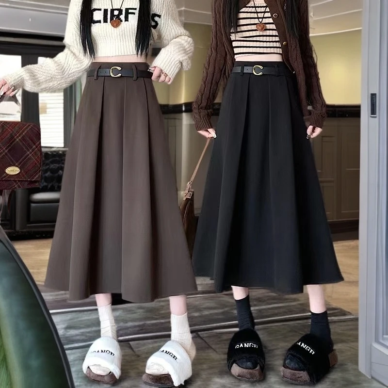 送腰带冬季穿搭女a字冬裙中长百褶裙新款赫本风高级感毛呢长裙