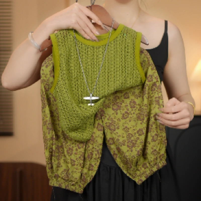 【珍宝推荐】男女童夏季背心套装中小童绿色镂空两件套夏季休闲童装