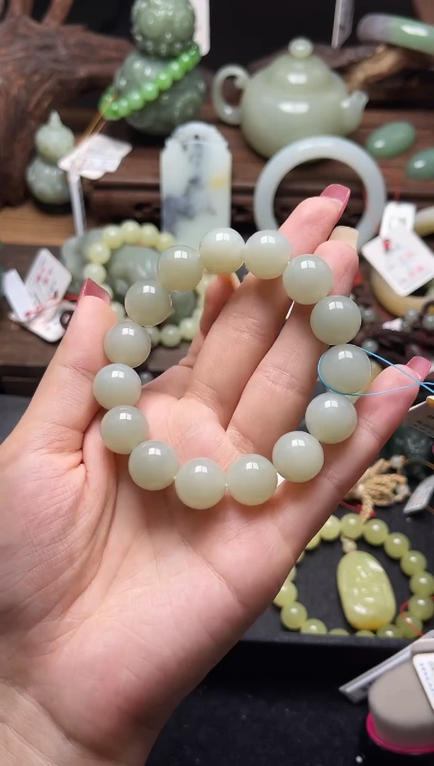 手串未镶嵌和田玉卡14若羌青白 圆珠9009289