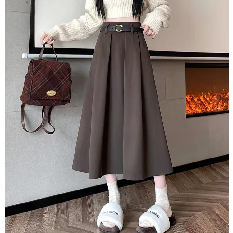 【送皮带】春季新款西装面料百褶裙赫本风半身裙高腰显瘦中长款女裙