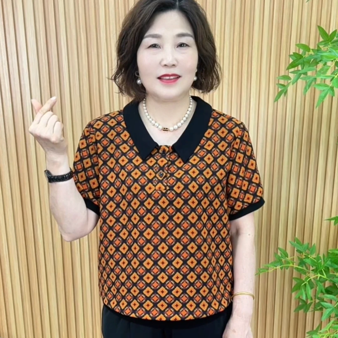 千鸟格翻领常规时尚中老年女装印花减龄洋气妈妈装小衫打底0070