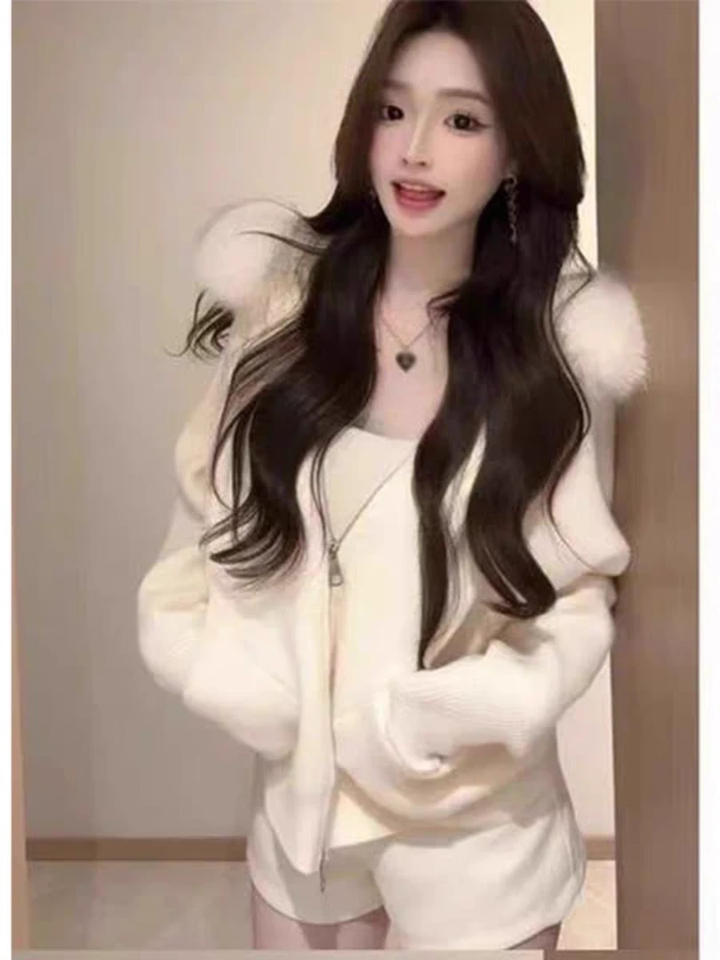 毛领连帽外套2025新款短款美拉德秋冬针织开衫小个子气质毛衣外套