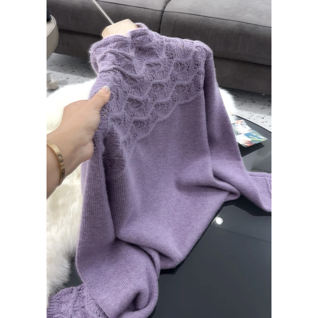 3676【半高领波浪边钩花毛衣】秋冬新款女士宽松上衣
