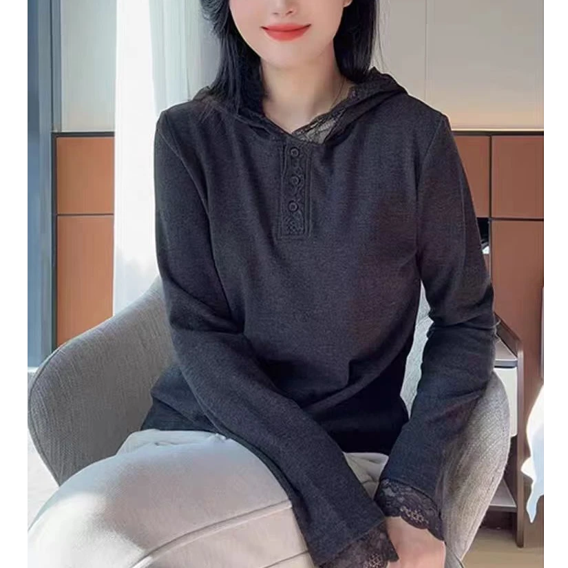 蕾丝拼接连帽卫爆款秋冬季德绒内搭打底衫长袖上衣女