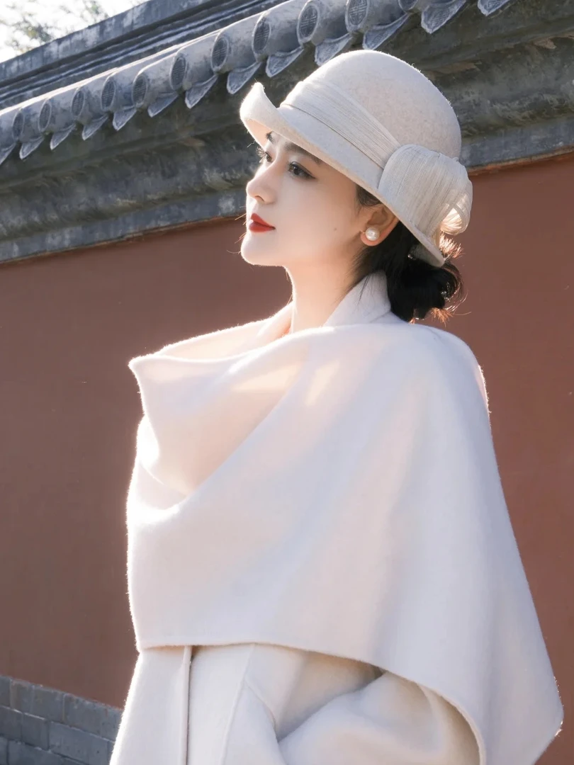 法式赫本风千金白色羊毛礼帽女蝴蝶结显脸小渔夫帽女款秋冬盆帽