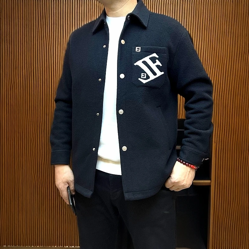 元郎男装翻领春秋冬季提花百搭男士上衣休闲时尚羊绒外衣男款