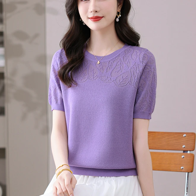 【天丝】针织百搭T恤上衣夏款妈妈装圆领宽松纯色女士气质蕾丝短袖