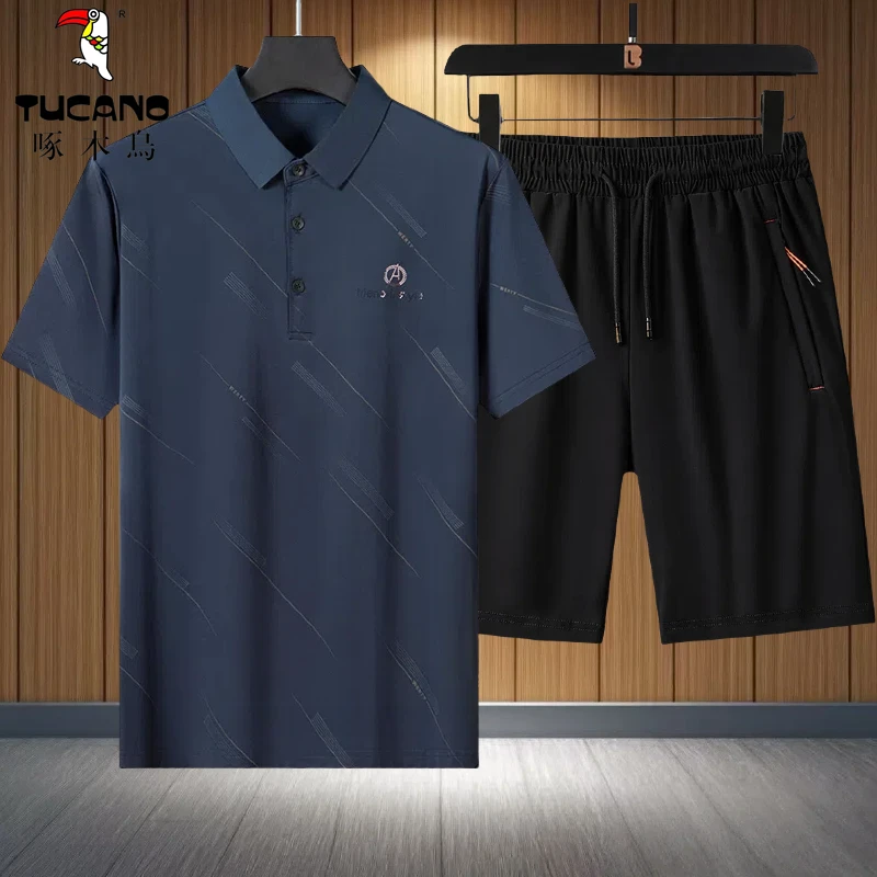 啄木鳥品牌中老年休闲运动服爸爸套装夏季薄款冰丝polo衫短袖短裤
